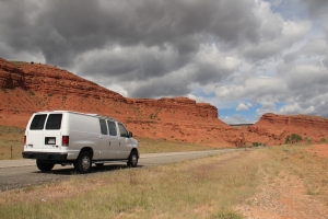 My van among the red rocks in Wyoming